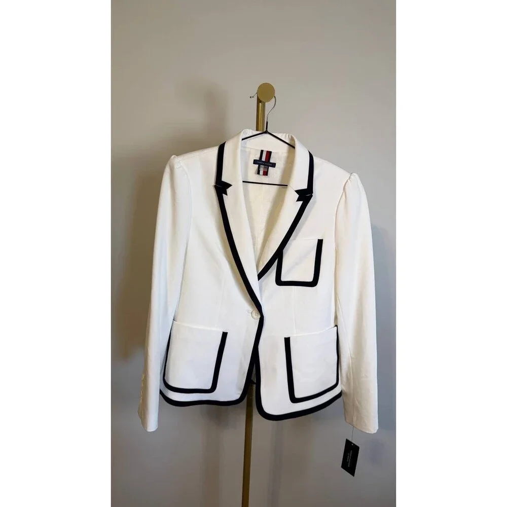 Tommy Hilfiger Women’s Contrast-Trim Puff-Sleeve Jacket White Black 12 $159 NWT - Picture 3 of 6
